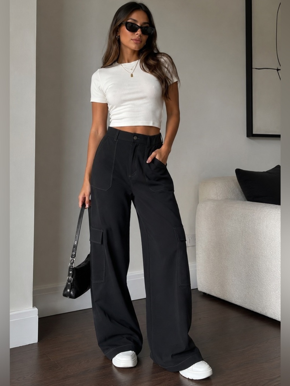 Deep Blue Black Wide Leg Cargo Pants Contrast Stitch Streetwear